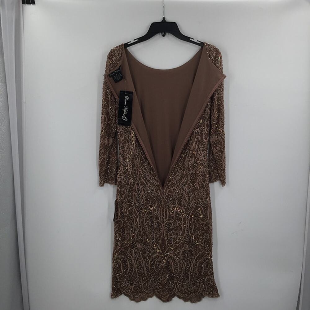 Pisarro Nights Beaded Sequin Embroidered Cocktail Dress Long Sleeve Tan Size 8 - Picture 11 of 12